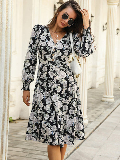 Floral Dresses- Floral Print V-Neck Tiered Long Sleeve Dress- - IndioGear Clothing and Gear