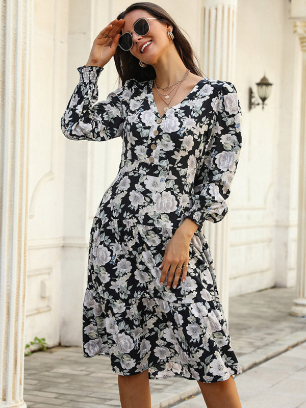 Floral Dresses- Floral Print V-Neck Tiered Long Sleeve Dress- - IndioGear Clothing and Gear