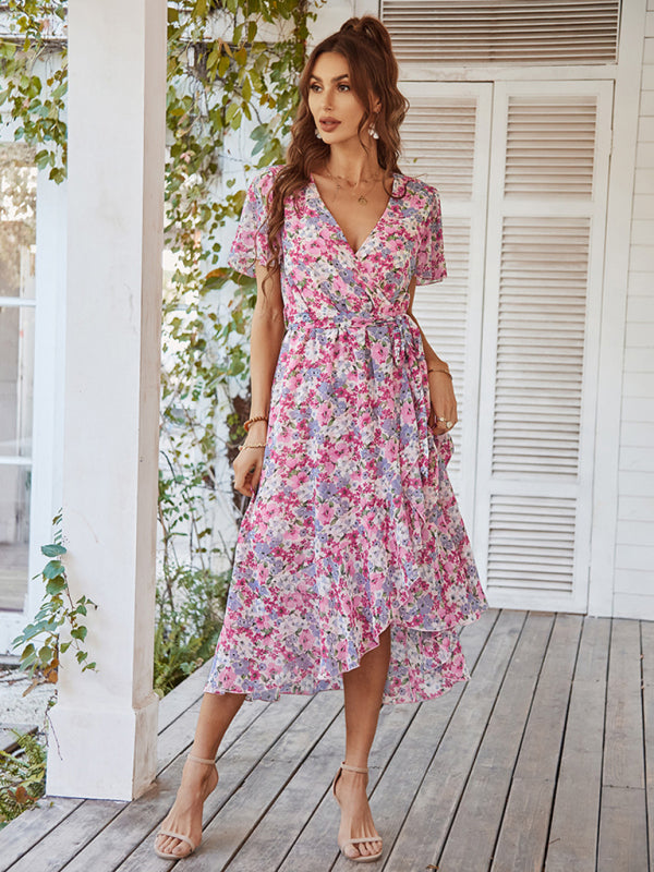 Floral Dresses- Floral Robe Dress with Flared Sleeves, High-Low Skirt and Waist Tie- - Pekosa Women Clothing