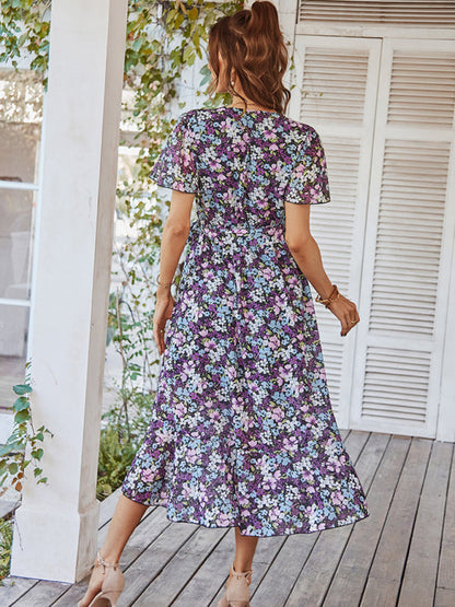 Floral Dresses- Floral Robe Dress with Flared Sleeves, High-Low Skirt and Waist Tie- - Pekosa Women Clothing