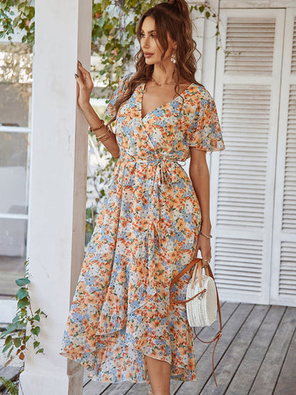 Floral Dresses- Floral Robe Dress with Flared Sleeves, High-Low Skirt and Waist Tie- - Pekosa Women Clothing