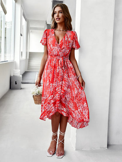 Floral Dresses- Floral Robe Dress with Flared Sleeves, High-Low Skirt and Waist Tie- Red- Pekosa Women Clothing