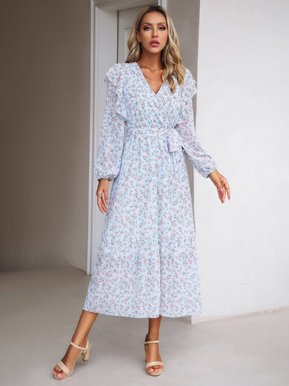 Floral Dresses- Floral Ruffle Belted Surplice Midi Dress with Long Sleeve- Sky blue- IndioGear Fashion and Gear