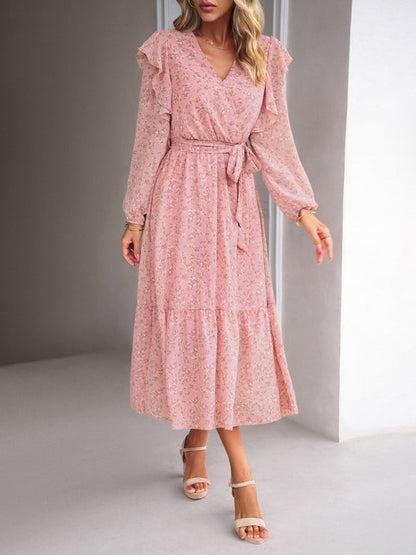 Floral Dresses- Floral Ruffle Belted Surplice Midi Dress with Long Sleeve- - IndioGear Fashion and Gear