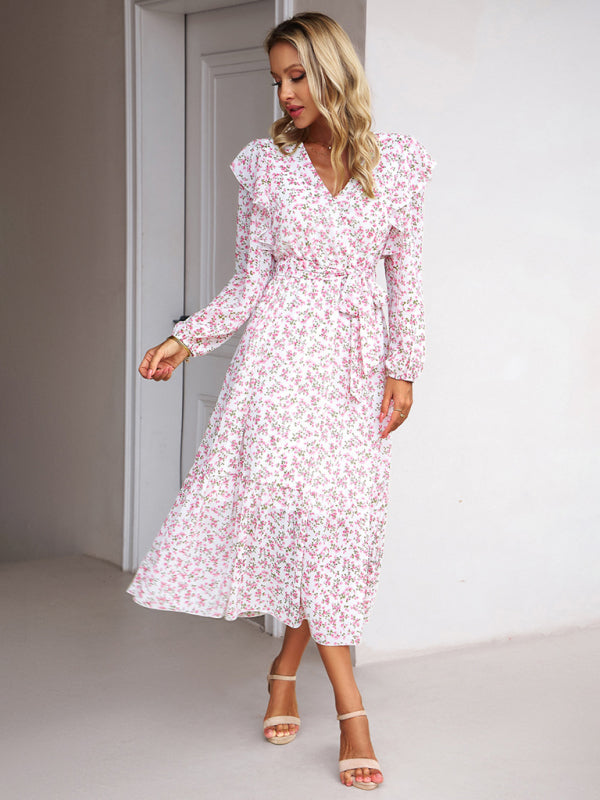 Floral Dresses- Floral Ruffle Belted Surplice Midi Dress with Long Sleeve- - IndioGear Fashion and Gear