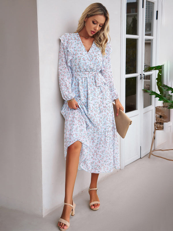 Floral Dresses- Floral Ruffle Belted Surplice Midi Dress with Long Sleeve- - IndioGear Fashion and Gear