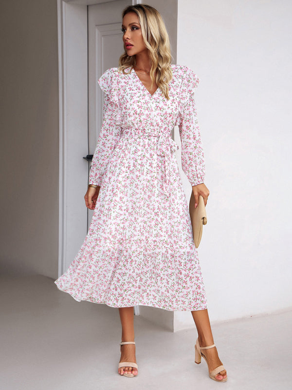 Floral Dresses- Floral Ruffle Belted Surplice Midi Dress with Long Sleeve- - IndioGear Fashion and Gear