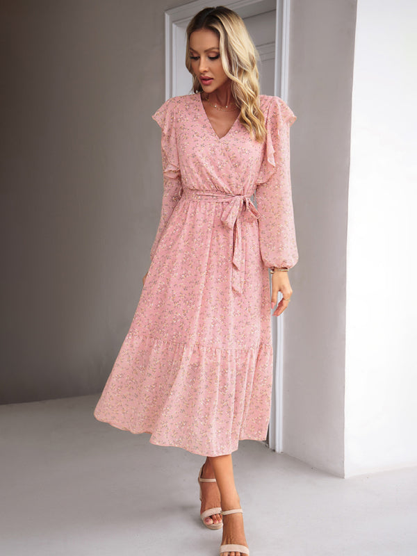 Floral Dresses- Floral Ruffle Belted Surplice Midi Dress with Long Sleeve- - IndioGear Fashion and Gear