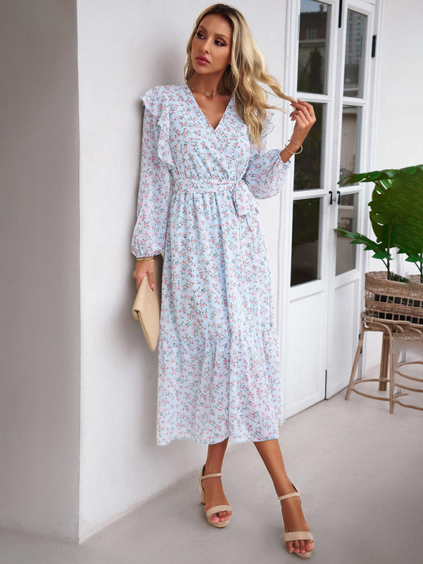 Floral Dresses- Floral Ruffle Belted Surplice Midi Dress with Long Sleeve- - IndioGear Fashion and Gear