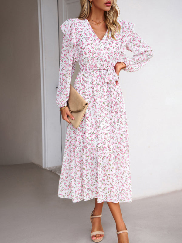 Floral Dresses- Floral Ruffle Belted Surplice Midi Dress with Long Sleeve- - IndioGear Fashion and Gear