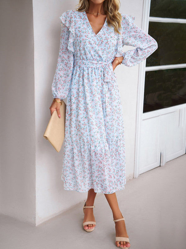 Floral Dresses- Floral Ruffle Belted Surplice Midi Dress with Long Sleeve- - IndioGear Fashion and Gear