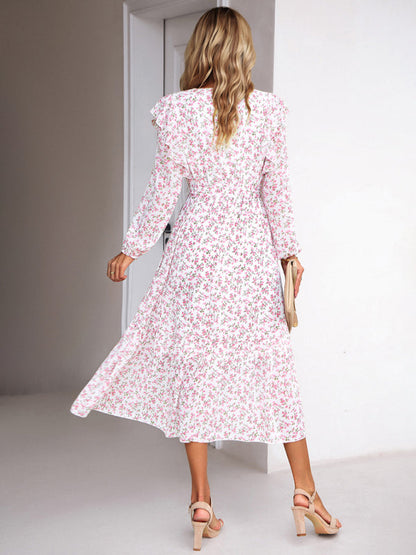 Floral Dresses- Floral Ruffle Belted Surplice Midi Dress with Long Sleeve- - IndioGear Fashion and Gear