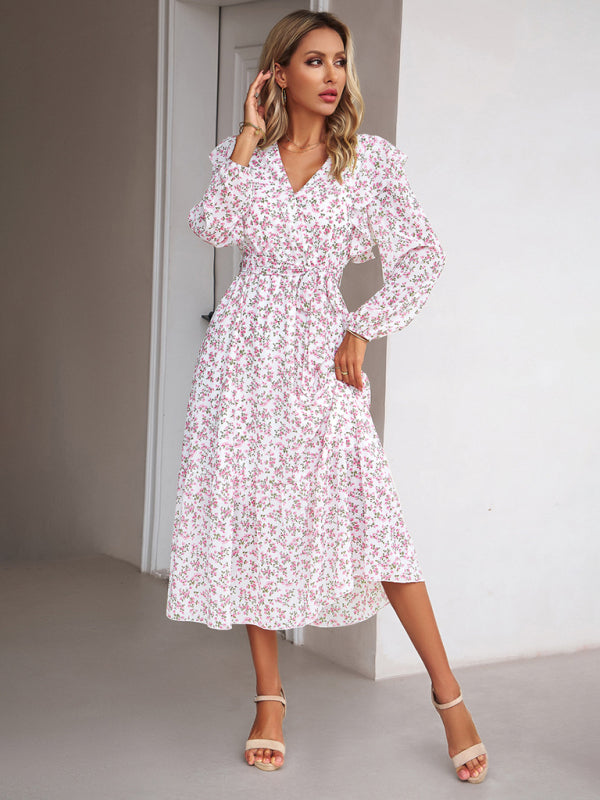 Floral Dresses- Floral Ruffle Belted Surplice Midi Dress with Long Sleeve- - IndioGear Fashion and Gear