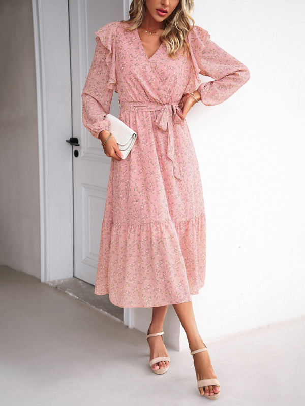 Floral Dresses- Floral Ruffle Belted Surplice Midi Dress with Long Sleeve- - IndioGear Fashion and Gear