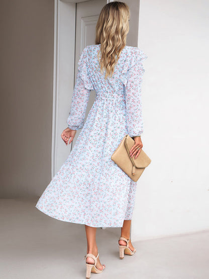 Floral Dresses- Floral Ruffle Belted Surplice Midi Dress with Long Sleeve- - IndioGear Fashion and Gear