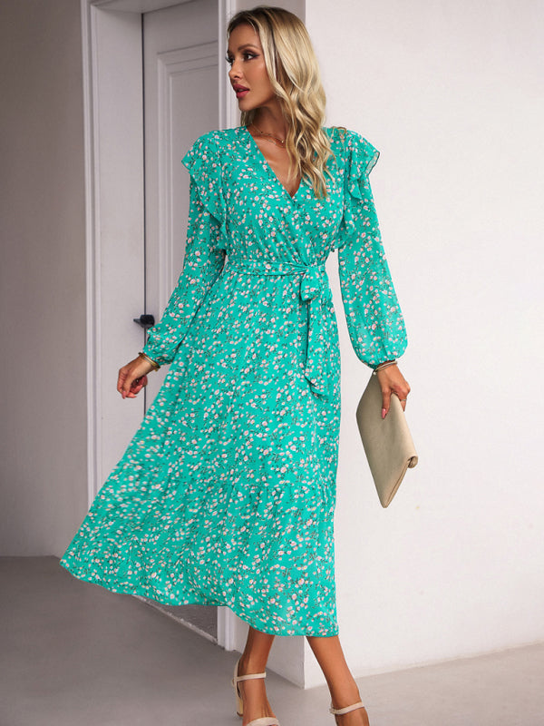 Floral Dresses- Floral Ruffle Belted Surplice Midi Dress with Long Sleeve- - IndioGear Fashion and Gear