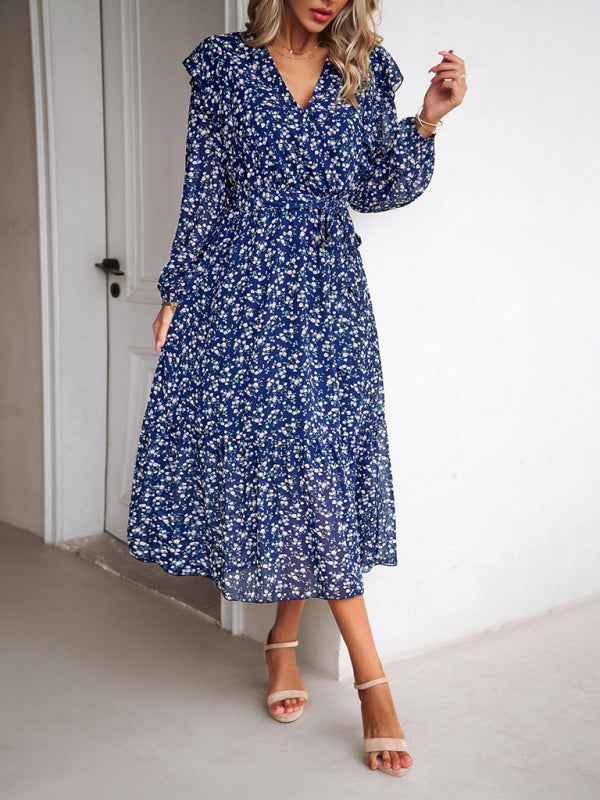 Floral Dresses- Floral Ruffle Belted Surplice Midi Dress with Long Sleeve- - IndioGear Fashion and Gear