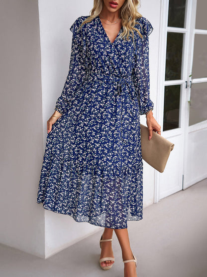 Floral Dresses- Floral Ruffle Belted Surplice Midi Dress with Long Sleeve- - IndioGear Fashion and Gear