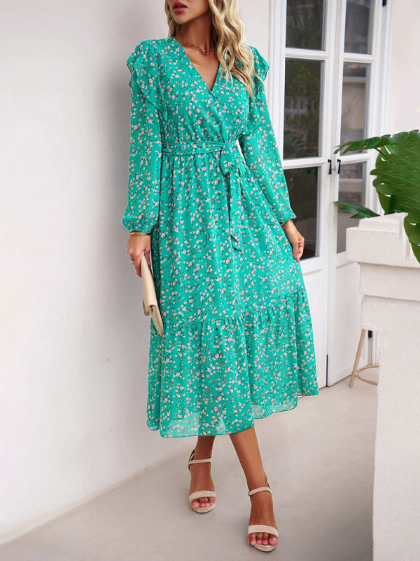 Floral Dresses- Floral Ruffle Belted Surplice Midi Dress with Long Sleeve- - IndioGear Fashion and Gear