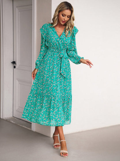 Floral Dresses- Floral Ruffle Belted Surplice Midi Dress with Long Sleeve- - IndioGear Fashion and Gear