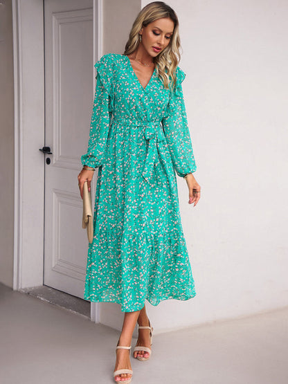 Floral Dresses- Floral Ruffle Belted Surplice Midi Dress with Long Sleeve- - IndioGear Fashion and Gear