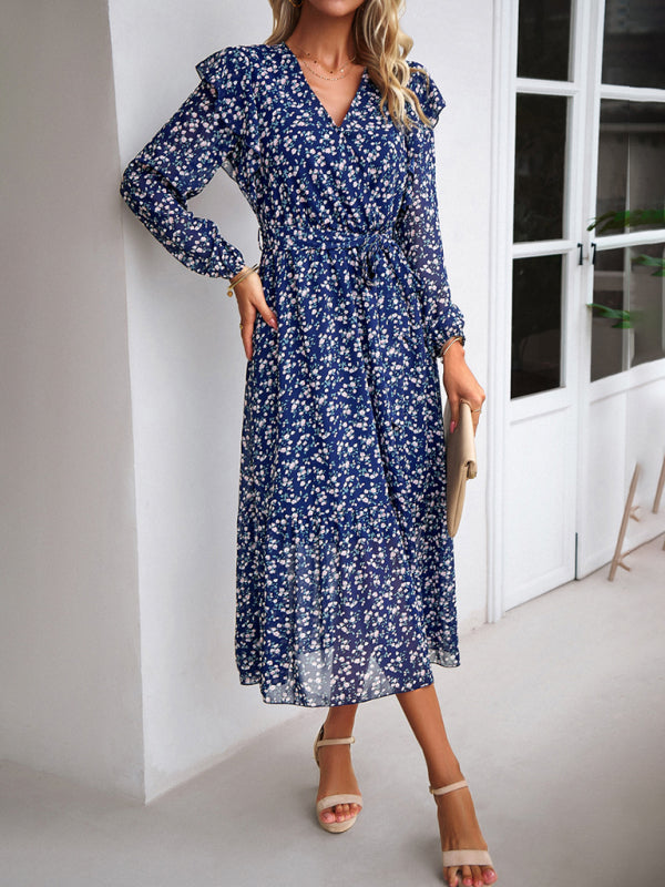 Floral Dresses- Floral Ruffle Belted Surplice Midi Dress with Long Sleeve- Navy Blue- IndioGear Fashion and Gear