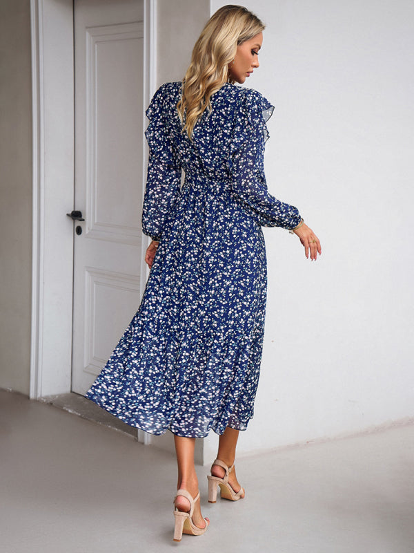 Floral Dresses- Floral Ruffle Belted Surplice Midi Dress with Long Sleeve- - IndioGear Fashion and Gear