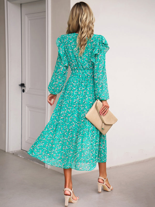 Floral Dresses- Floral Ruffle Belted Surplice Midi Dress with Long Sleeve- - IndioGear Fashion and Gear