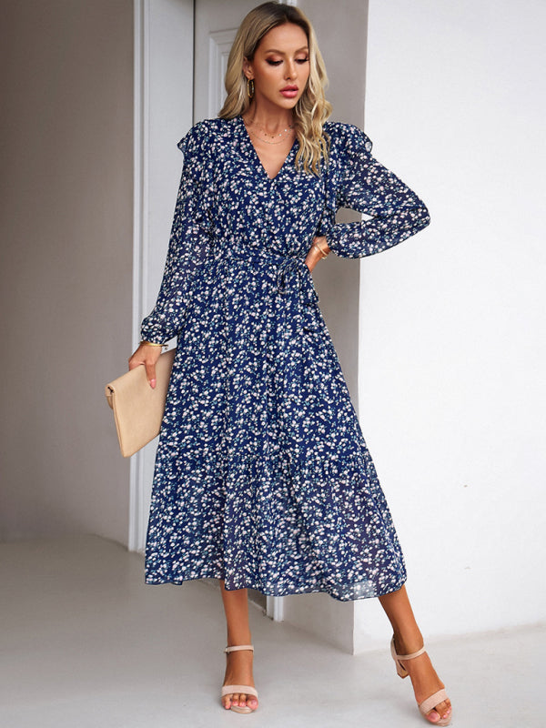 Floral Dresses- Floral Ruffle Belted Surplice Midi Dress with Long Sleeve- - IndioGear Fashion and Gear