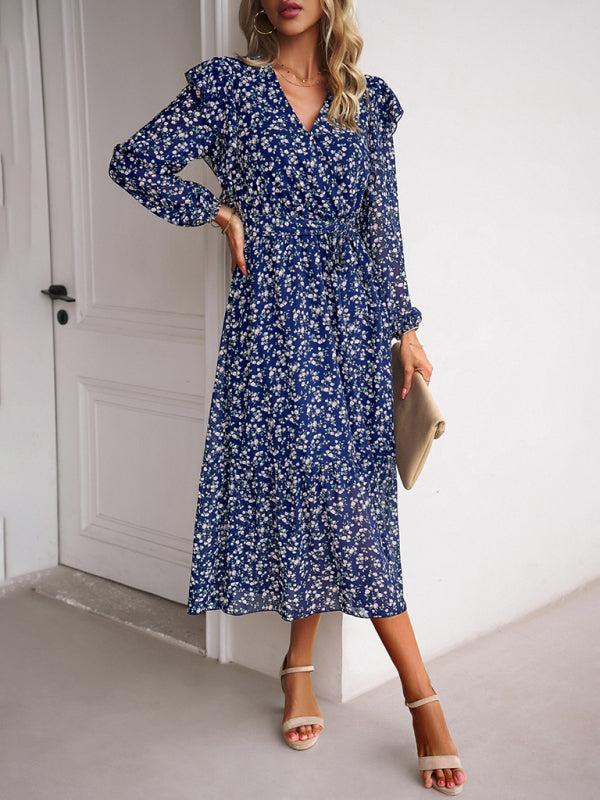 Floral Dresses- Floral Ruffle Belted Surplice Midi Dress with Long Sleeve- - IndioGear Fashion and Gear