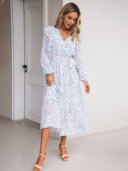 Floral Dresses- Floral Ruffle Belted Surplice Midi Dress with Long Sleeve- - IndioGear Fashion and Gear