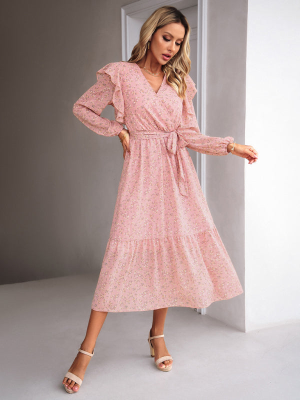 Floral Dresses- Floral Ruffle Belted Surplice Midi Dress with Long Sleeve- - IndioGear Fashion and Gear