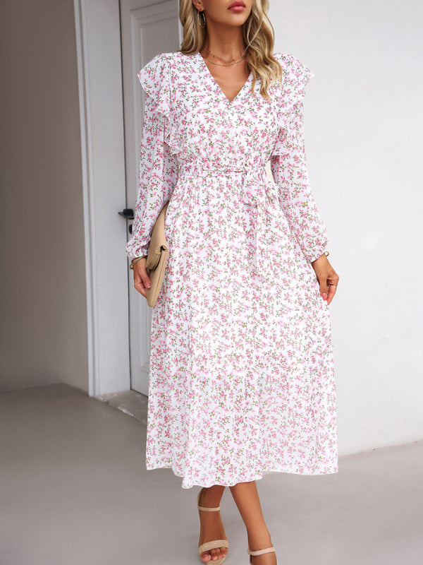 Floral Dresses- Floral Ruffle Belted Surplice Midi Dress with Long Sleeve- White- IndioGear Fashion and Gear