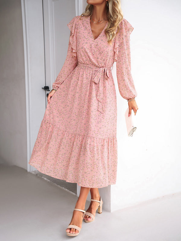 Floral Dresses- Floral Ruffle Belted Surplice Midi Dress with Long Sleeve- - IndioGear Fashion and Gear