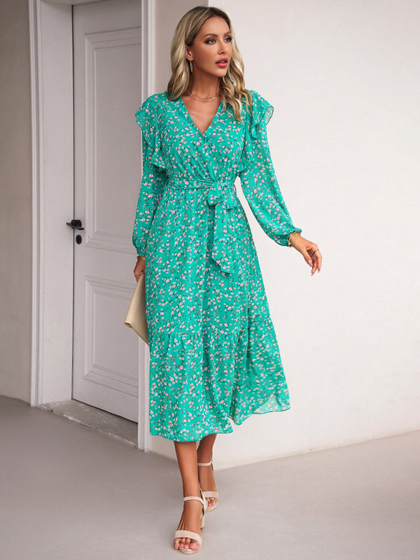 Floral Dresses- Floral Ruffle Belted Surplice Midi Dress with Long Sleeve- Green- IndioGear Fashion and Gear