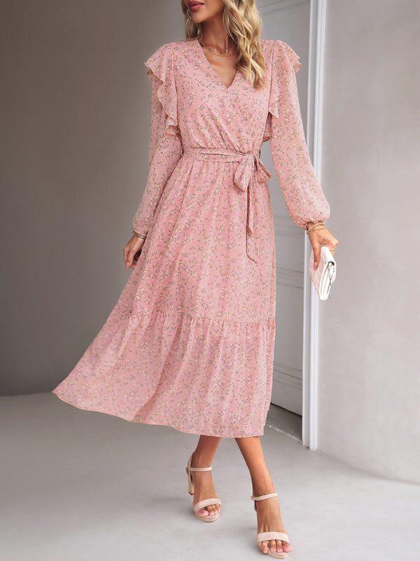 Floral Dresses- Floral Ruffle Belted Surplice Midi Dress with Long Sleeve- Pink- IndioGear Fashion and Gear