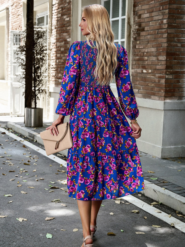 Floral Dresses- Floral Smocked Tiered Long Sleeve Midi Dress- - IndioGear Fashion and Gear