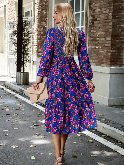 Floral Dresses- Floral Smocked Tiered Long Sleeve Midi Dress- - IndioGear Fashion and Gear