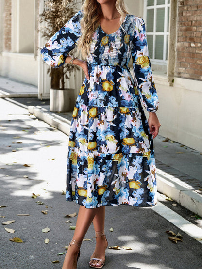 Floral Dresses- Floral Smocked Tiered Long Sleeve Midi Dress- - IndioGear Fashion and Gear