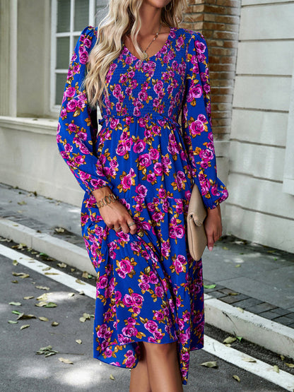 Floral Dresses- Floral Smocked Tiered Long Sleeve Midi Dress- - IndioGear Fashion and Gear