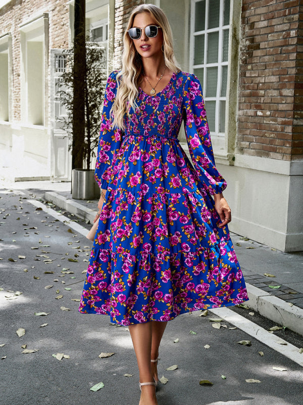 Floral Dresses- Floral Smocked Tiered Long Sleeve Midi Dress- - IndioGear Fashion and Gear