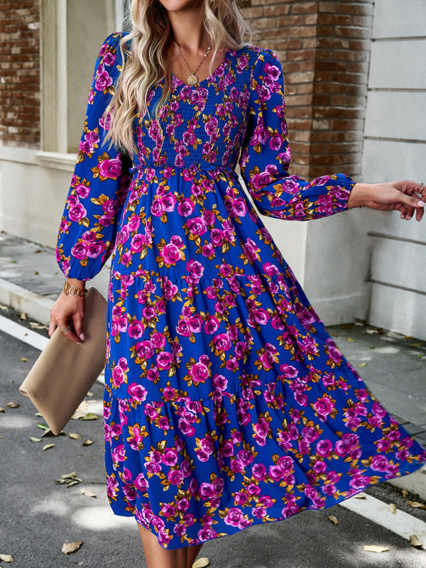 Floral Dresses- Floral Smocked Tiered Long Sleeve Midi Dress- - IndioGear Fashion and Gear