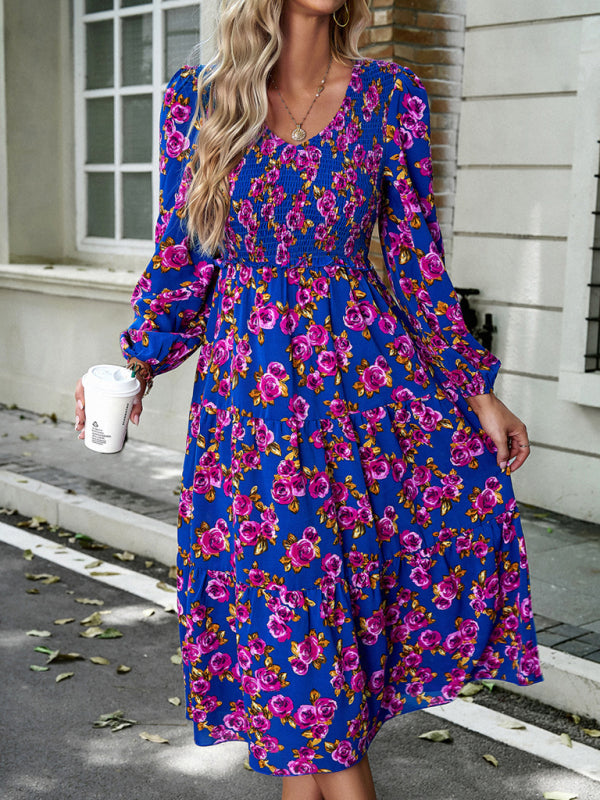 Floral Dresses- Floral Smocked Tiered Long Sleeve Midi Dress- - IndioGear Fashion and Gear