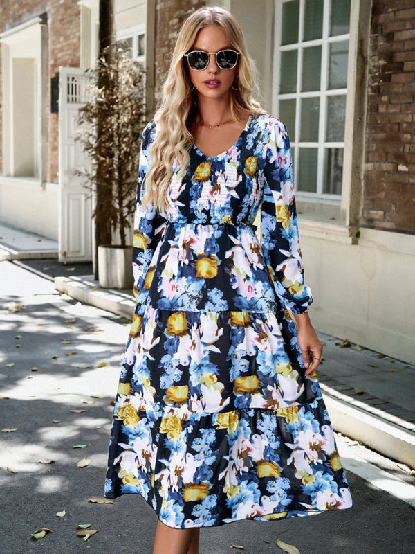 Floral Dresses- Floral Smocked Tiered Long Sleeve Midi Dress- - IndioGear Fashion and Gear