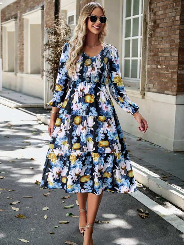 Floral Dresses- Floral Smocked Tiered Long Sleeve Midi Dress- - IndioGear Fashion and Gear