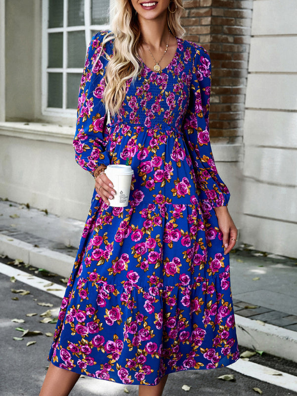 Floral Dresses- Floral Smocked Tiered Long Sleeve Midi Dress- Blue- IndioGear Fashion and Gear