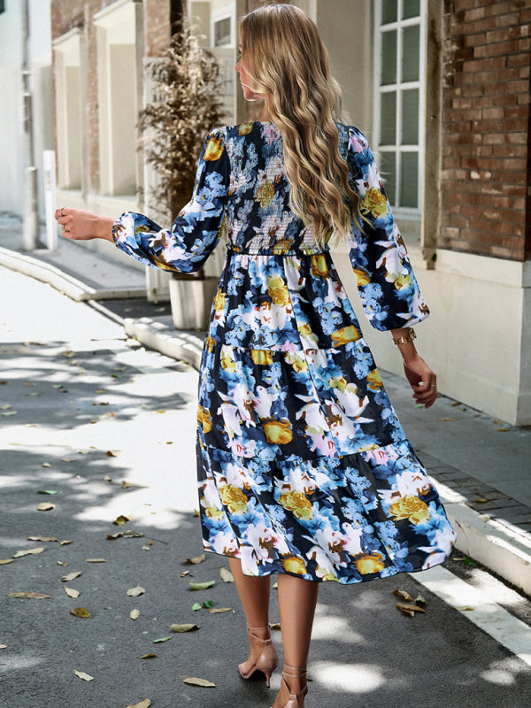 Floral Dresses- Floral Smocked Tiered Long Sleeve Midi Dress- - IndioGear Fashion and Gear