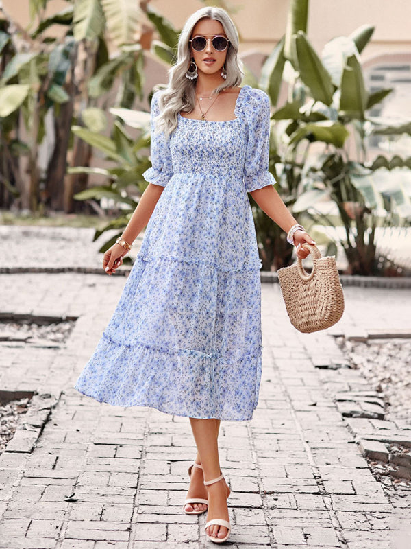 Floral Dresses- Floral Square Neck Dress: Elasticized Sleeves, Ruffle Accents- Blue- Pekosa Women Clothing