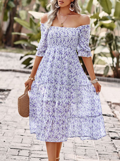 Floral Dresses- Floral Square Neck Dress: Elasticized Sleeves, Ruffle Accents- - Pekosa Women Clothing