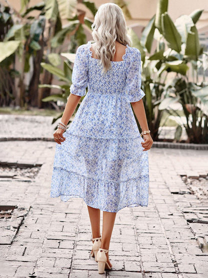 Floral Dresses- Floral Square Neck Dress: Elasticized Sleeves, Ruffle Accents- - Pekosa Women Clothing